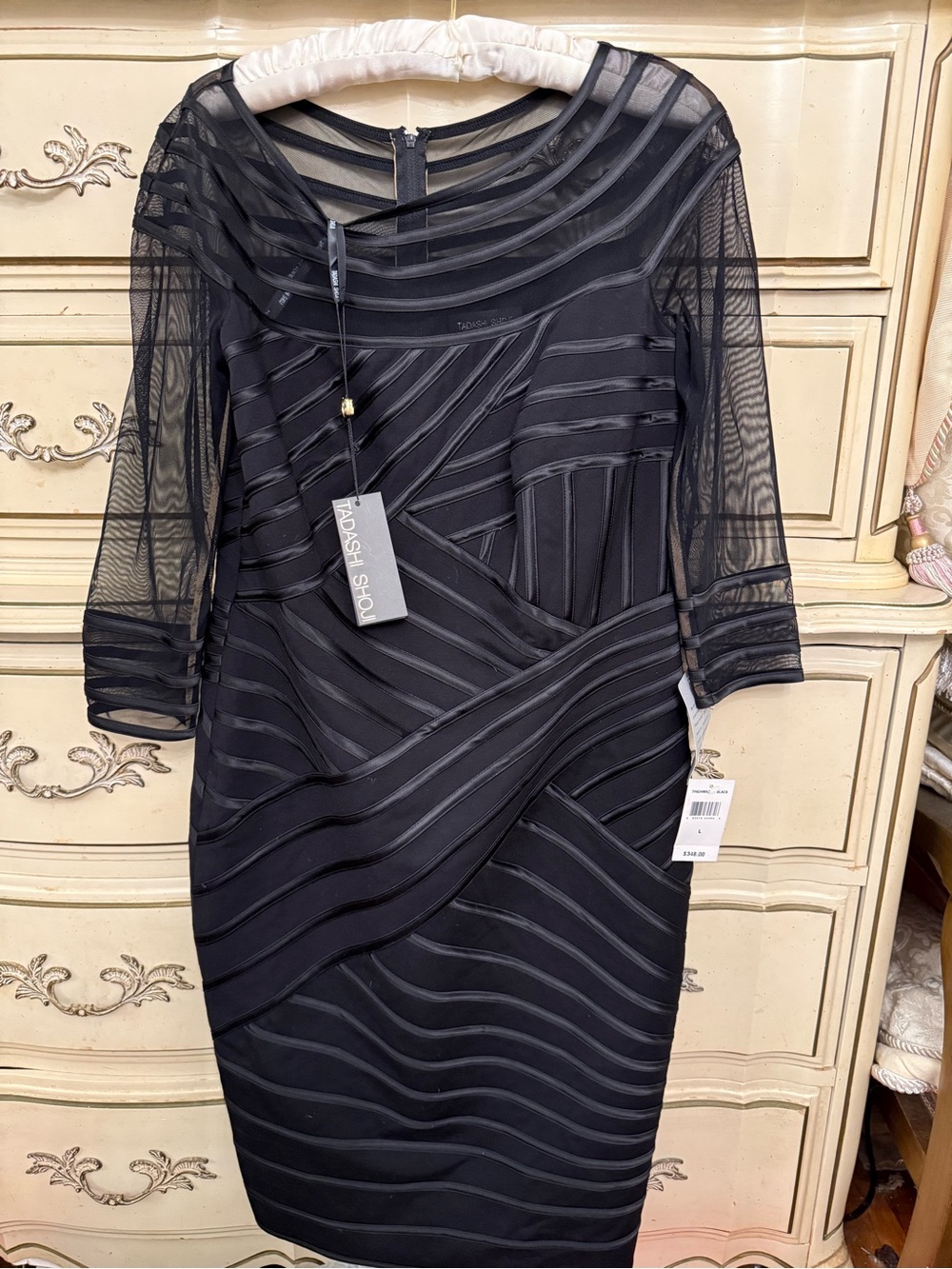 NWT Nordstrom TADASHI Black Sheer-Panel Midi Dress